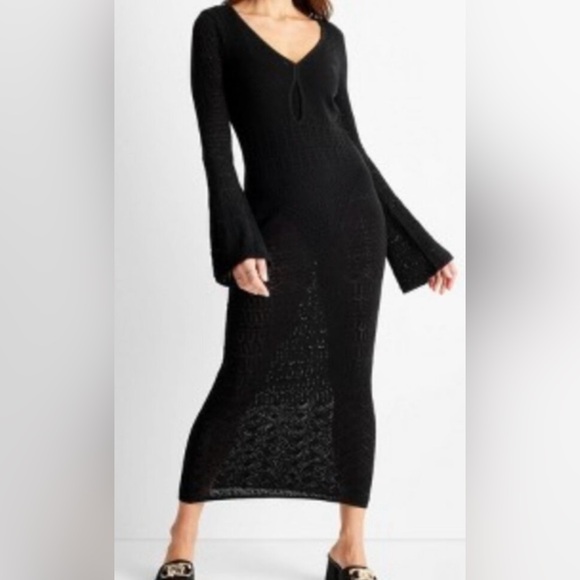 Future Collective Dresses & Skirts - Future Collective Black Mesh Knit Maxi Dress V Neck Bell Sleeve Bodycon Goth XXL